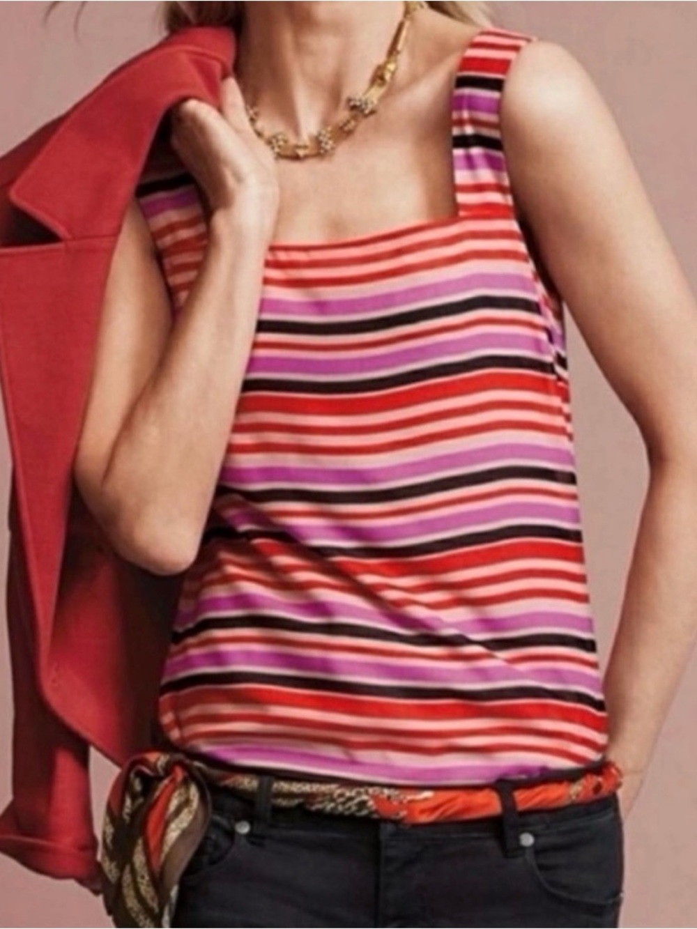 Cabi Striped Square-Neck Tank Top in Red and Pink. Small